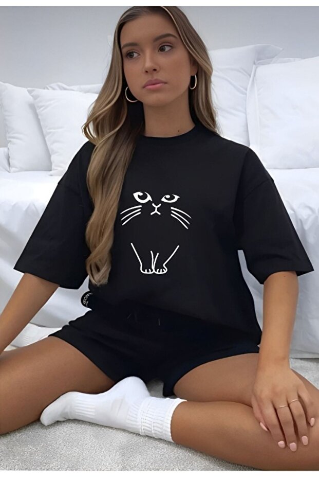 Çizgi Kedi T-shirt Ve Şort - Siyah Şort Tişört Alt Üst Eşofman Takımı Oversize Bisiklet Yaka - 4