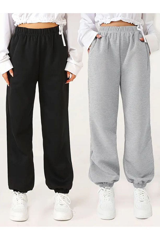2'li Düz Basic Eşofman Altı Jogger - Siyah Gri Lastik Paça Yüksek Bel Yazlık - 3