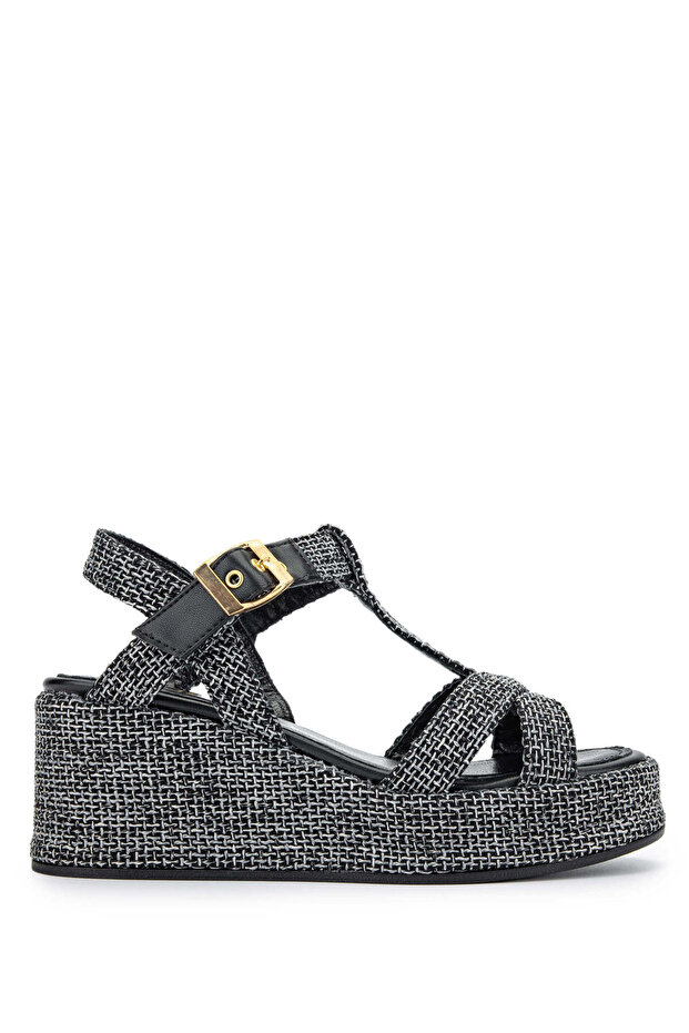 Women's Textile Black Straw Heeled Sandals