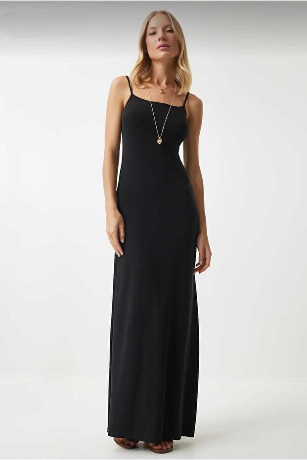 WOMEN'S Black Fitted/Fitted Sling-Length Adjustable Maxi Flexible Knitted BLACK SANDY Dress