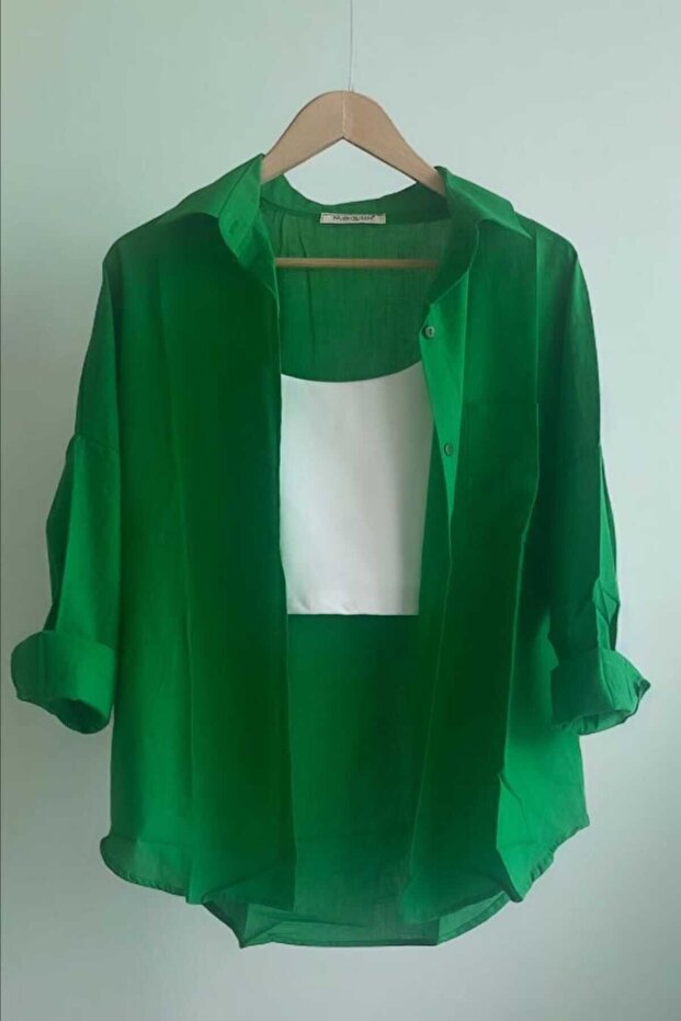 Oversize Linen Textured 100% Cotton Single Pocket Loose Shirt KGT-KU3435