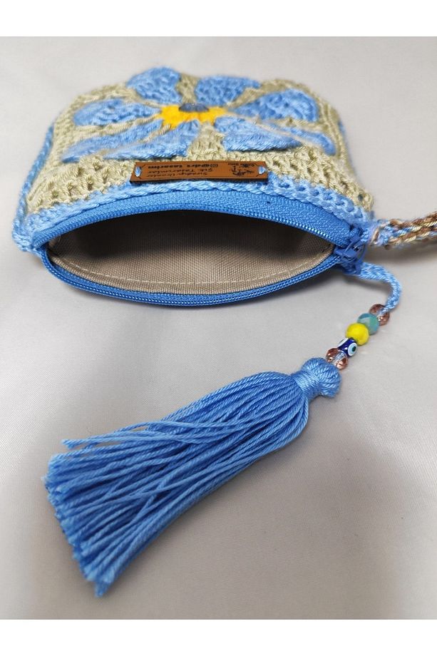 El Örgüsü Tığ Işi Tasarım Kare Motif Papatya Fermuarlı El Çantası - 5
