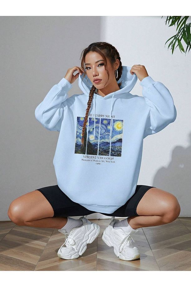 Yıldızlı Gece Kalın Kışlık Sweatshirt - Bebe Mavisi Baskılı Oversize Şardonlu Kapüşonlu - 4