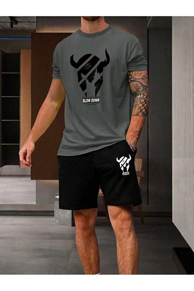 Slow Down T-Shirt Shorts - Smoke Black Bottom Top Team Shorts T-Shirt Combination Printed Crew Neck