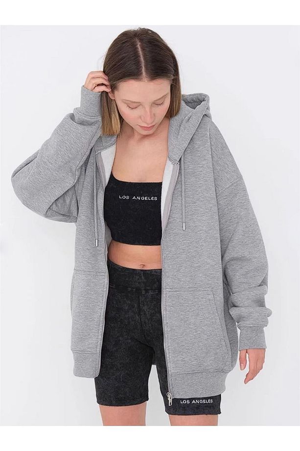 Kapüşonlu Çeket Hırka Unisex Oversize Basic 3 Iplik Şardonlu - 3