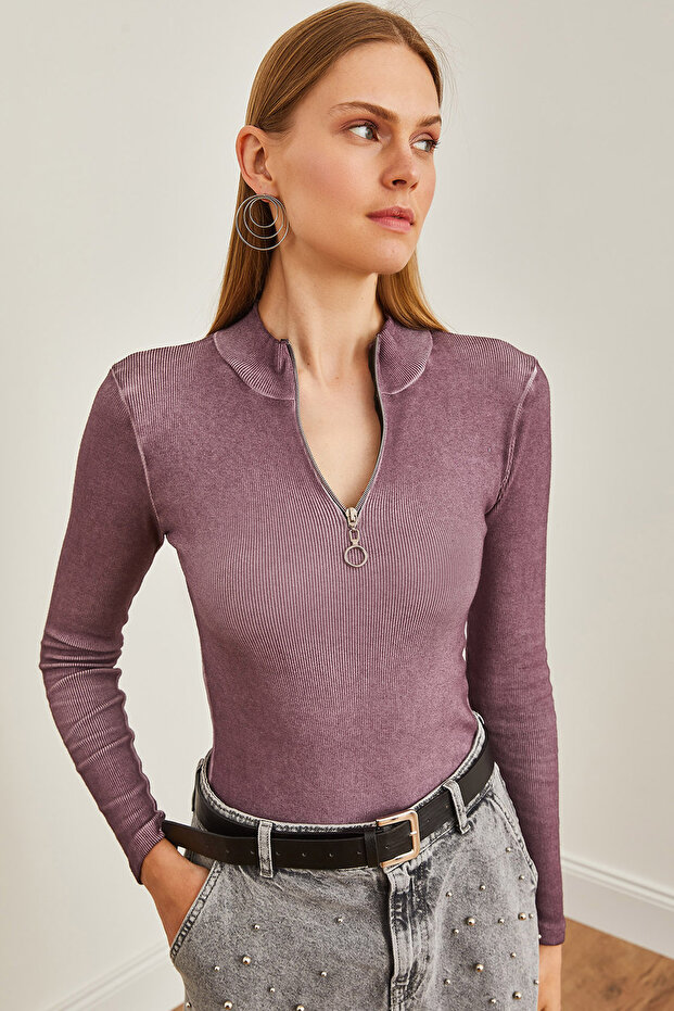 Women's Washed Purple Zipper Turtleneck Lycra Blouse Blz- 19001155