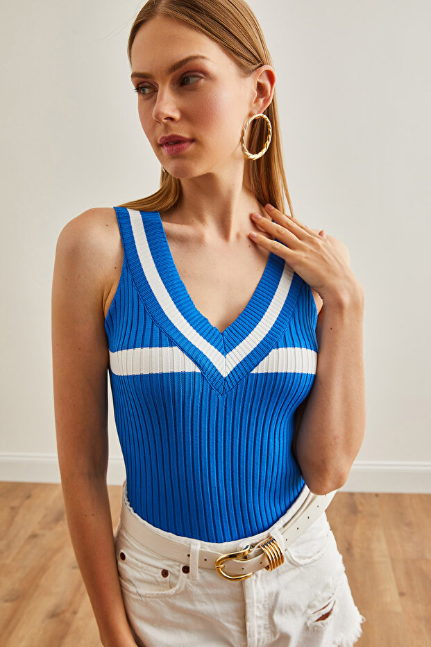 Women's Cobalt Blue Deep V-Neck Stripe Ribbed Knitwear Blouse Blz- 19002644