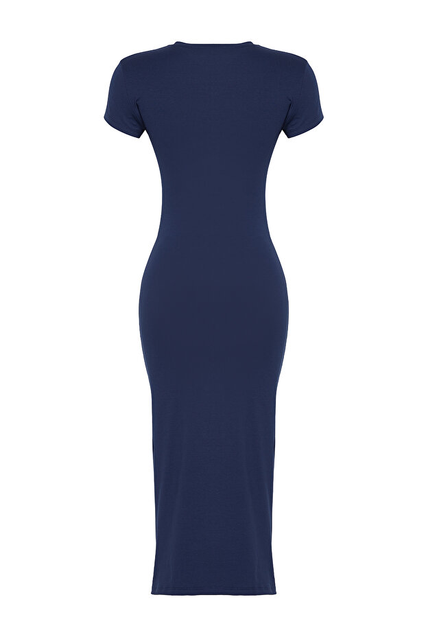 lacivert Fitted/Vücuda Oturan Büzgü ve Yırtmaçlı Midi Pamuklu Esnek Örme Elbise TWOSS23EL00777 - 7