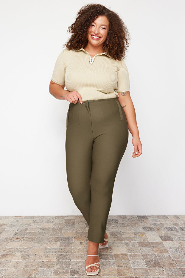 Plus Size Khaki Cigarette Pants - Fleto Pocket, Fabric TBBAW23AR00015