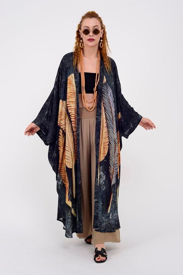 Bohem Tarz Özel Tasarım Tüy Desenli Feather Kimono & Kaftan - 8