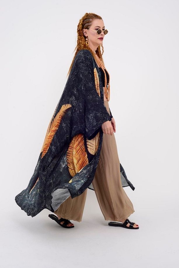 Bohem Tarz Özel Tasarım Tüy Desenli Feather Kimono & Kaftan - 5
