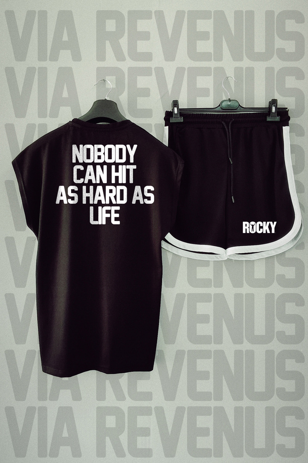Nobody Hits Hard As Life - Back Printed Sleeveless Crew Neck Black Sport T-Shirt and Shorts Set