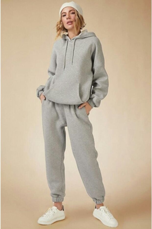 Thick Winter Tracksuit Set with 3 Thread Ribbon, Fleece Inside, Kangaroo Pocket, Hood, Rubber Legs