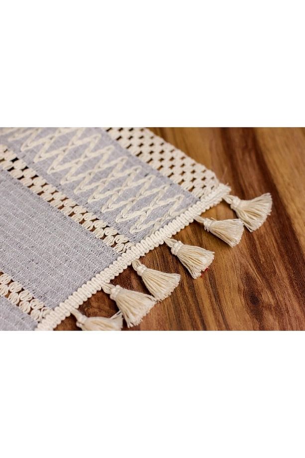 Örme Masa Örtüsü Püsküllü Runner Masa Örtüsü Organik Pamuk Runner 35x155 Cm Masa Üstü Runner - 6