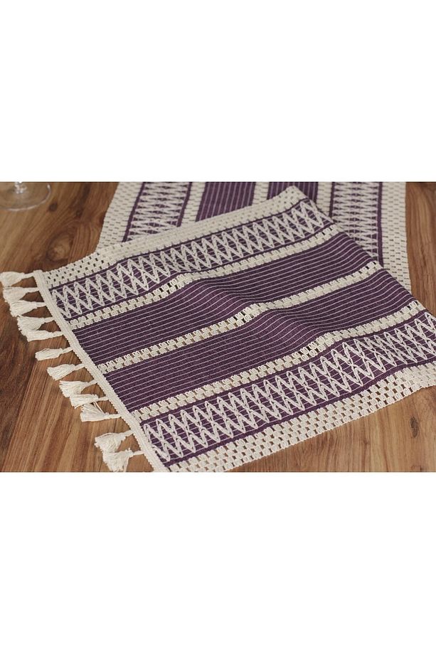 Örme Masa Örtüsü Püsküllü Runner Masa Örtüsü Organik Pamuk Runner 35x155 Cm Masa Üstü Runner - 4