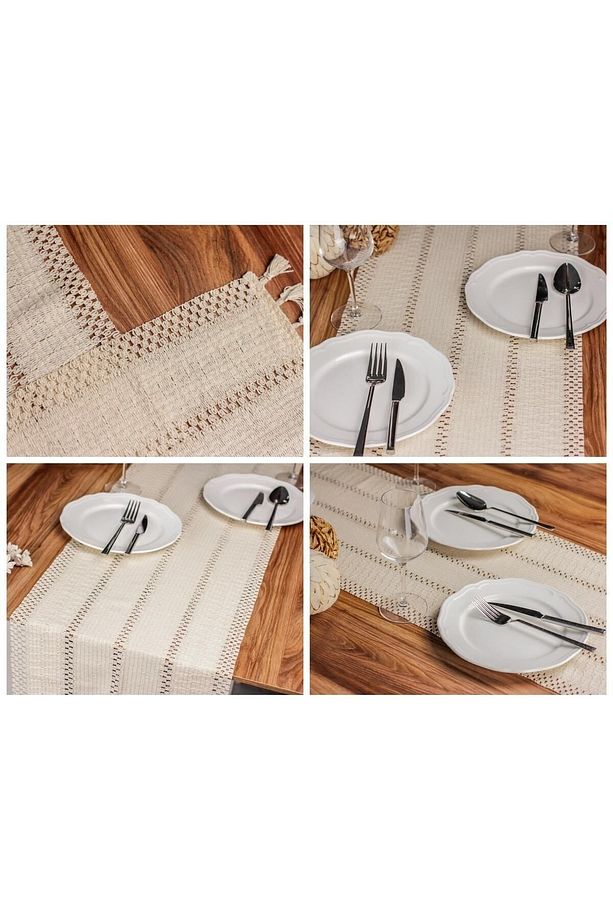 Örme Masa Örtüsü Püsküllü Runner Masa Örtüsü Organik Pamuk Runner 35x145 Cm Masa Üstü Runner - 6