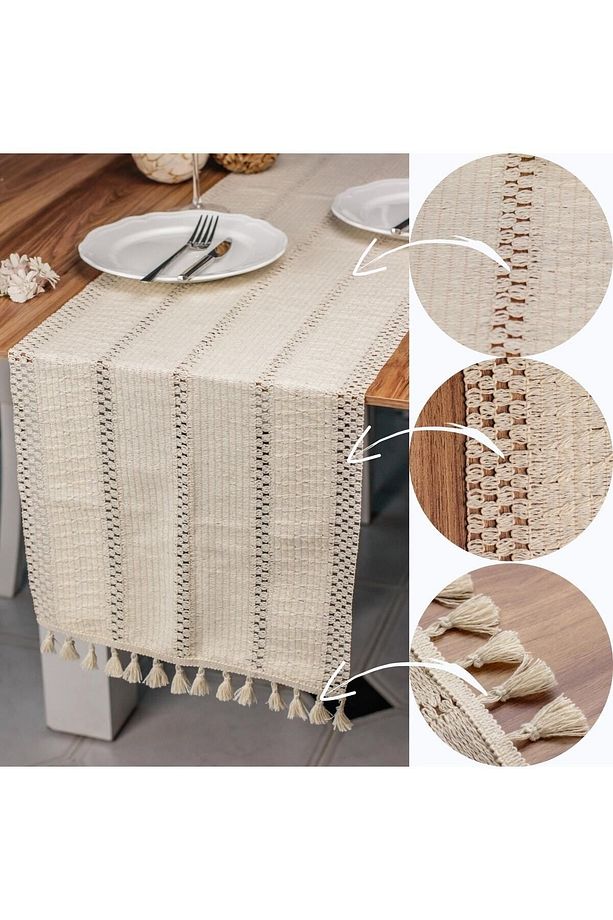 Örme Masa Örtüsü Püsküllü Runner Masa Örtüsü Organik Pamuk Runner 35x145 Cm Masa Üstü Runner - 2