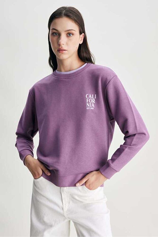 ALICE Purple Crew Neck Printed Loose Fit Women's Sweatshirt