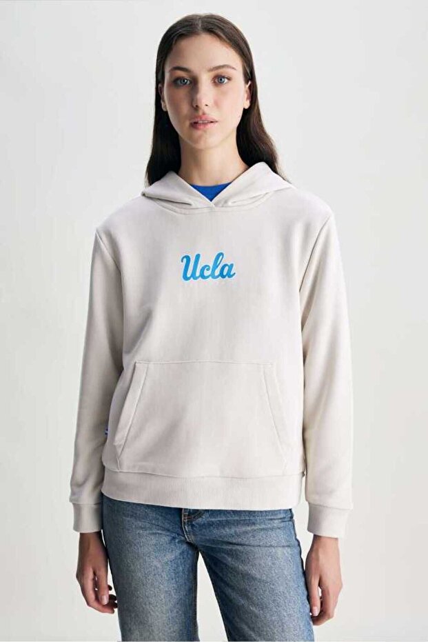 Azealıa Beige Hooded Printed Standard Women's Sweatshirt