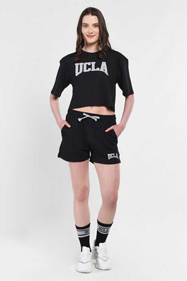 Rosa Siyah Nakışlı Kadın Örme Şort - 1