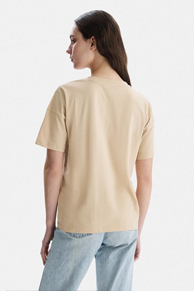 AVALON Kahve Bisiklet Yaka Baskılı Oversize Kadın Tshirt - 4