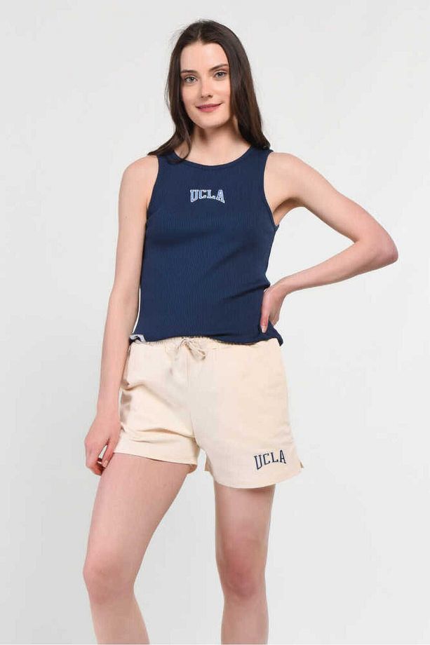 Rosa Bej Oversize Nakışlı Kadın Örme Şort - 5