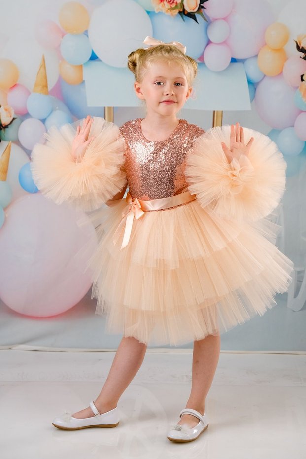 Girl's Buckle Pompom Sleeves Salmon Evening Dress Party Birthday Dress
