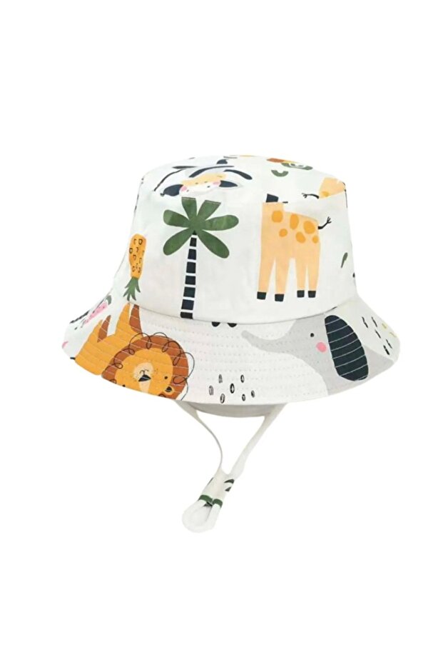 Sun Protection Hat – White Safari Animals Lion Elephant Giraffe 54 Cm 4-8yrs