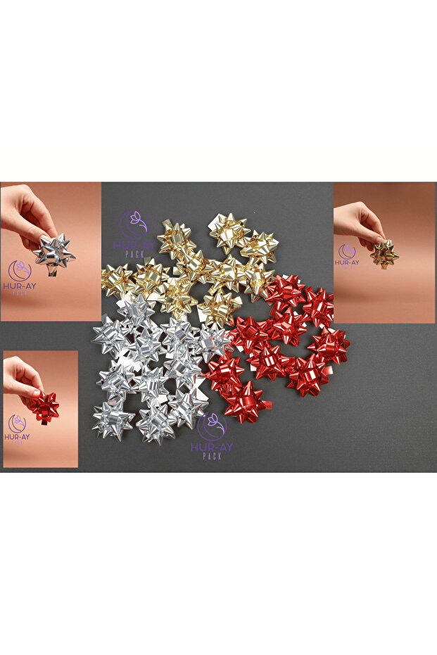 Gold + Silver Grey + Red Mixed Color Pack / Metallized Star Gift Ornament / Packaging Raffia