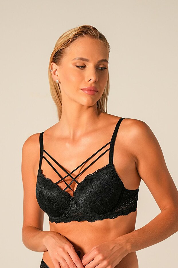 حمالة صدر دانتيل ذات سلسلة متقاطعة سوداء غير مدعومة - 1