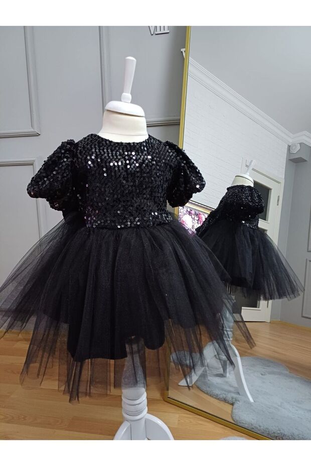 Girl's Sequined Gathered Bow Backless Cotton Lined Tulle Black Dress