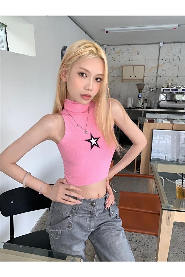 الياقة المدورة نمط نجمة الوردي المحاصيل - 4