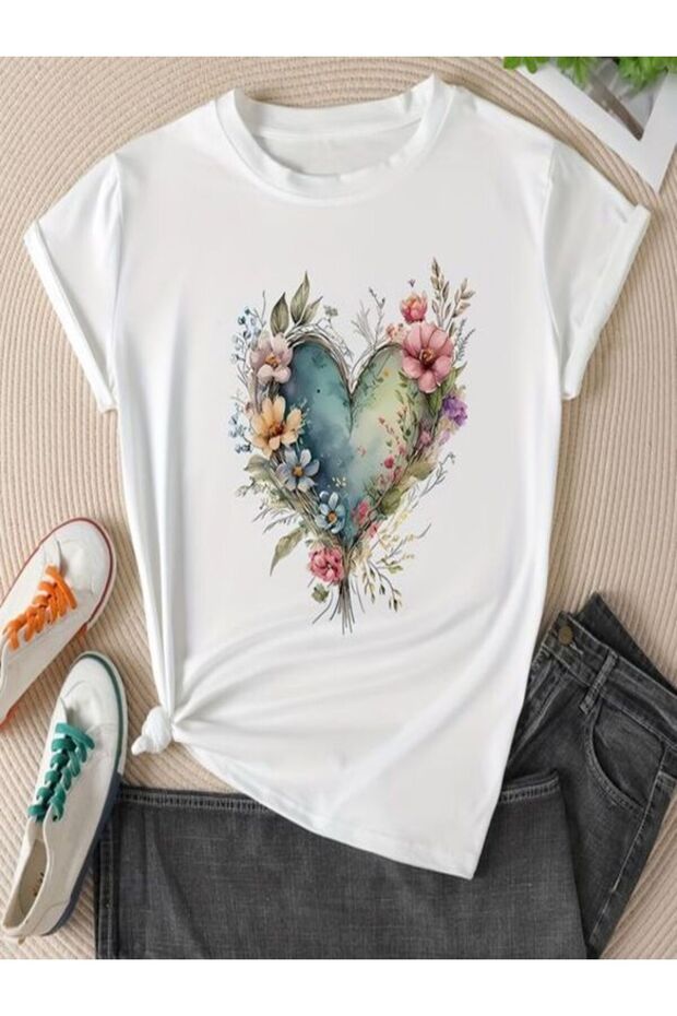 Single Jersey T-Shirt Women - White Printed Oversize Crew Neck Short Sleeve T-Shirt