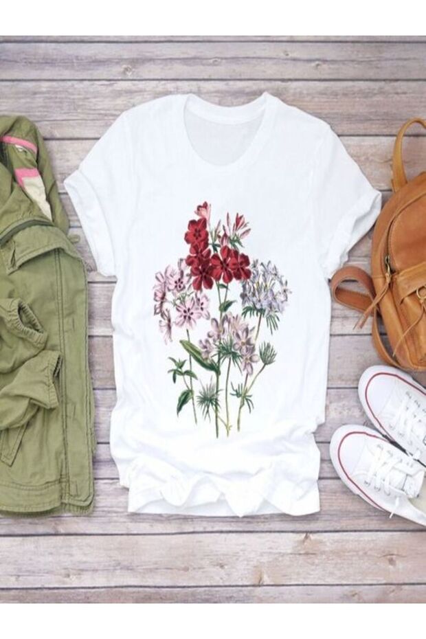 Single Jersey T-Shirt Women - White Printed Oversize Crew Neck Short Sleeve T-Shirt