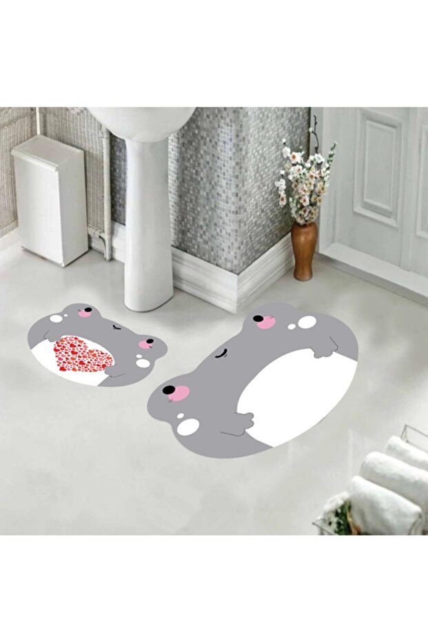 Gray White Background Frog Patterned Mat Set Toilet Seat Set 80x60 Cm And 50x60 Cm