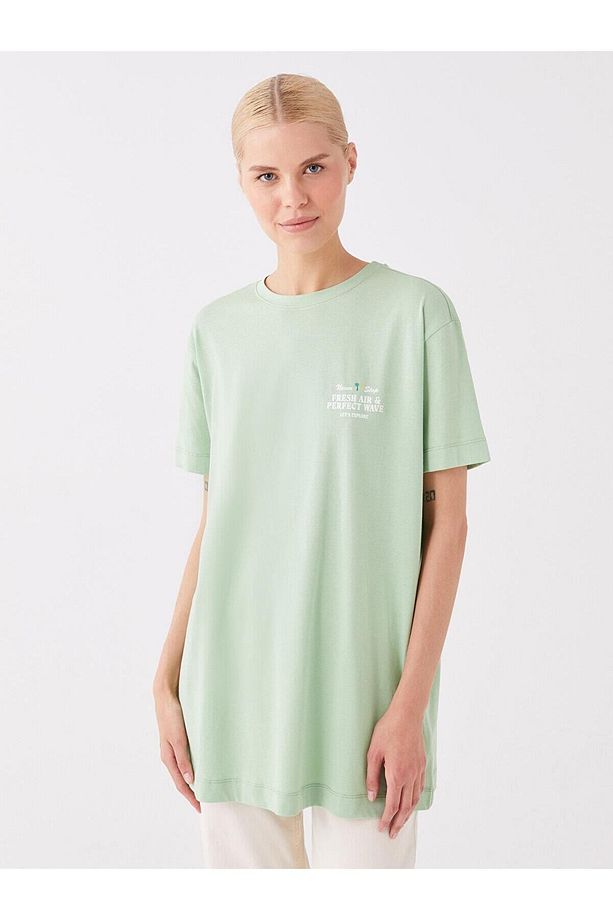 LCW Modest Bisiklet Yaka Baskılı Kısa Kollu Oversize Kadın Tunik - 1