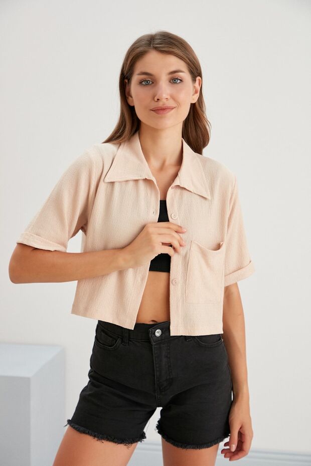 Women's Stone Crop Wrapped Fabric Buttoned Pocket Shirt
