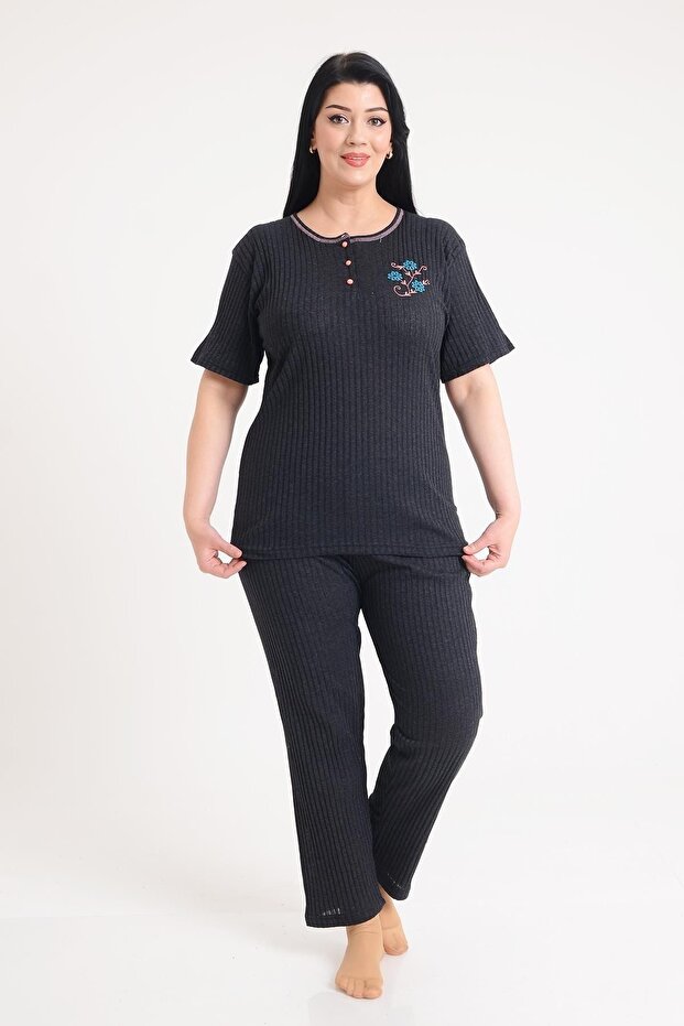 Women's Black Short Sleeve Embroidered Plus Size Pajama Set Pmtk25600