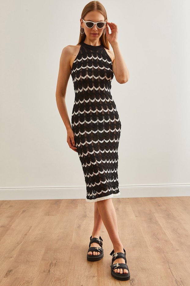 Women's Black Halter Neck Zigzag Unlined Summer Knitwear Dress Elb- 19002204