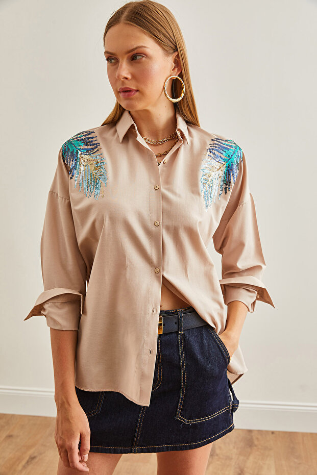 Bézs szőtt ing – levél flitter részlet, női, GML-19001226 - 3