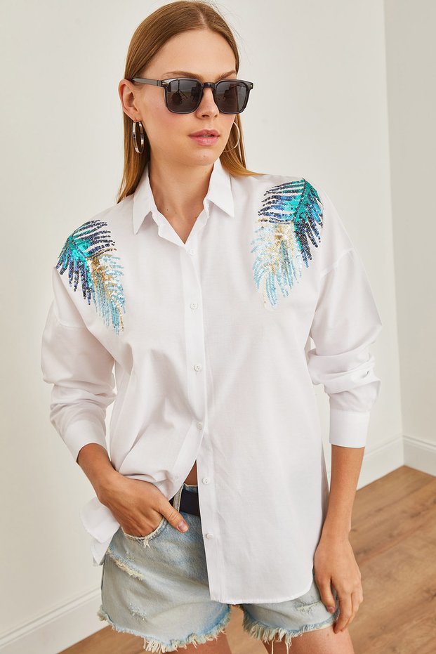 Women's White Leaf Sequin Detail Woven Shirt GML-19001226