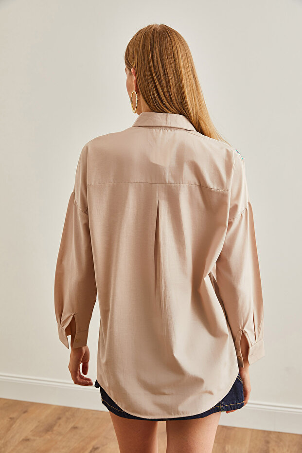 Bézs szőtt ing – levél flitter részlet, női, GML-19001226 - 2