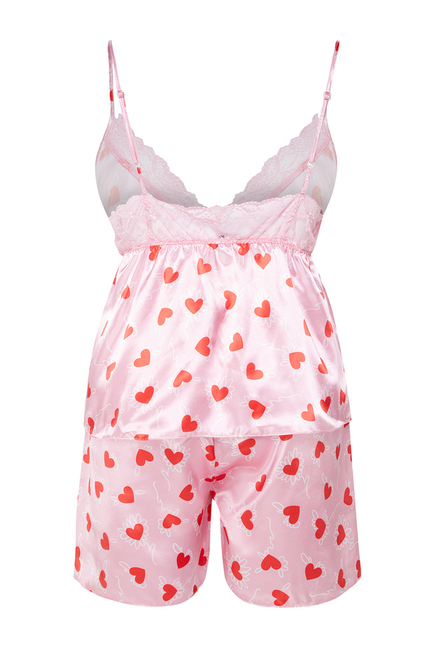 Pembe Kalp Desenli Dantelli Saten Dokuma Pijama Takımı TBBSS24AI00112 - 7
