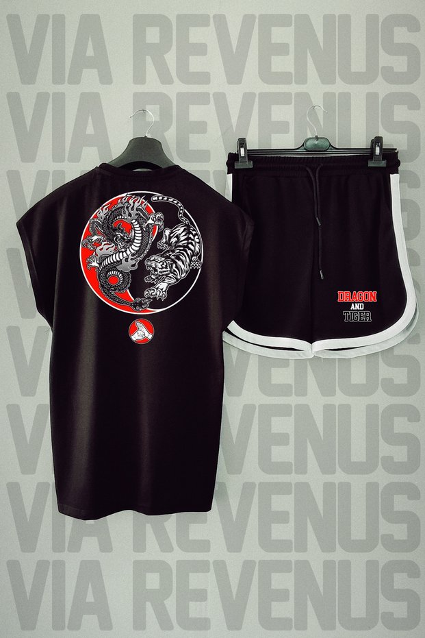 Dragon and Tiger Back Printed Zero Sleeve Crew Neck Black Sports Tshirt and Black Sports Shorts Set