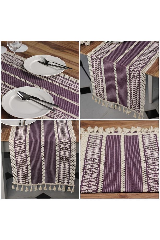 Örme Masa Örtüsü Püsküllü Runner Masa Örtüsü Organik Pamuk Runner 35x155 Cm Masa Üstü Runner - 7