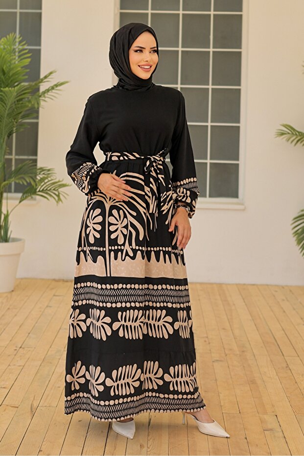 Black Viscose Dress - Leaf Pattern, Woven 986