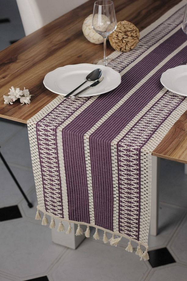 Örme Masa Örtüsü Püsküllü Runner Masa Örtüsü Organik Pamuk Runner 35x155 Cm Masa Üstü Runner - 3