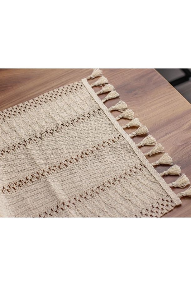 Örme Masa Örtüsü Püsküllü Runner Masa Örtüsü Organik Pamuk Runner 35x145 Cm Masa Üstü Runner - 8