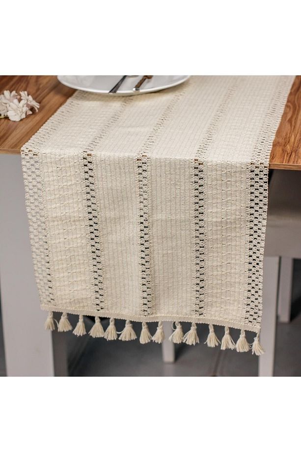 Örme Masa Örtüsü Püsküllü Runner Masa Örtüsü Organik Pamuk Runner 35x145 Cm Masa Üstü Runner - 5