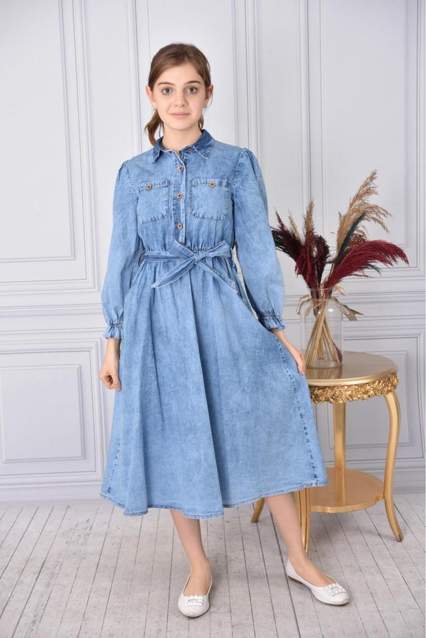 Girl's - Washed Denim Fabric Cotton Long Jeans Jean Dress